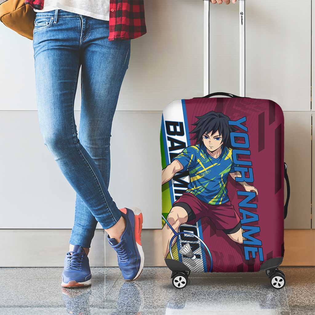 Personalized Giyuu Tomioka Demon Slayer Badminton Theme Luggage Cover with Racket Action Pose and Tricolor Graphic Design - The Mazicc