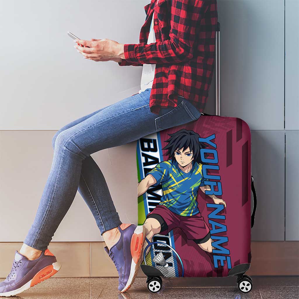Personalized Giyuu Tomioka Demon Slayer Badminton Theme Luggage Cover with Racket Action Pose and Tricolor Graphic Design - The Mazicc