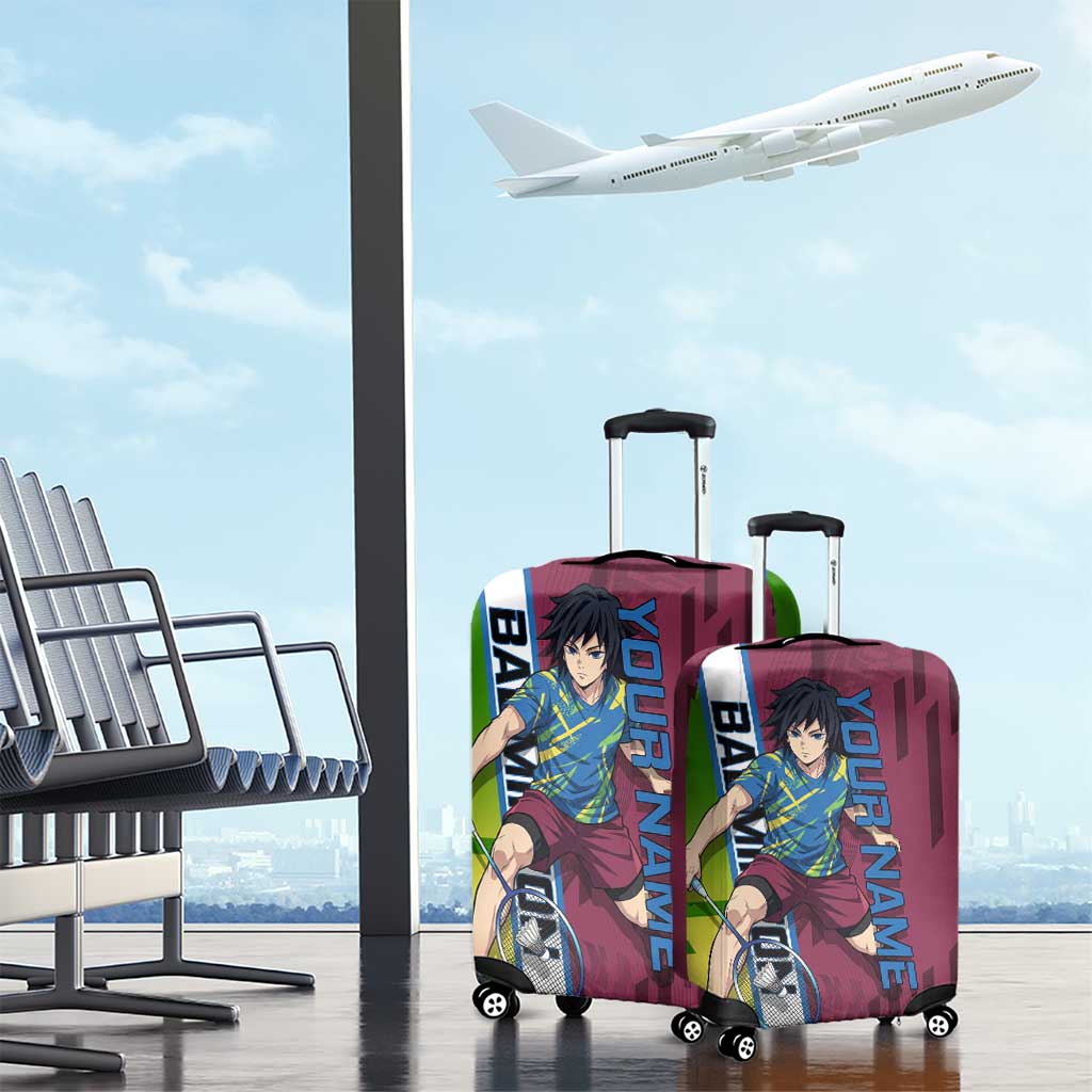 Personalized Giyuu Tomioka Demon Slayer Badminton Theme Luggage Cover with Racket Action Pose and Tricolor Graphic Design - The Mazicc