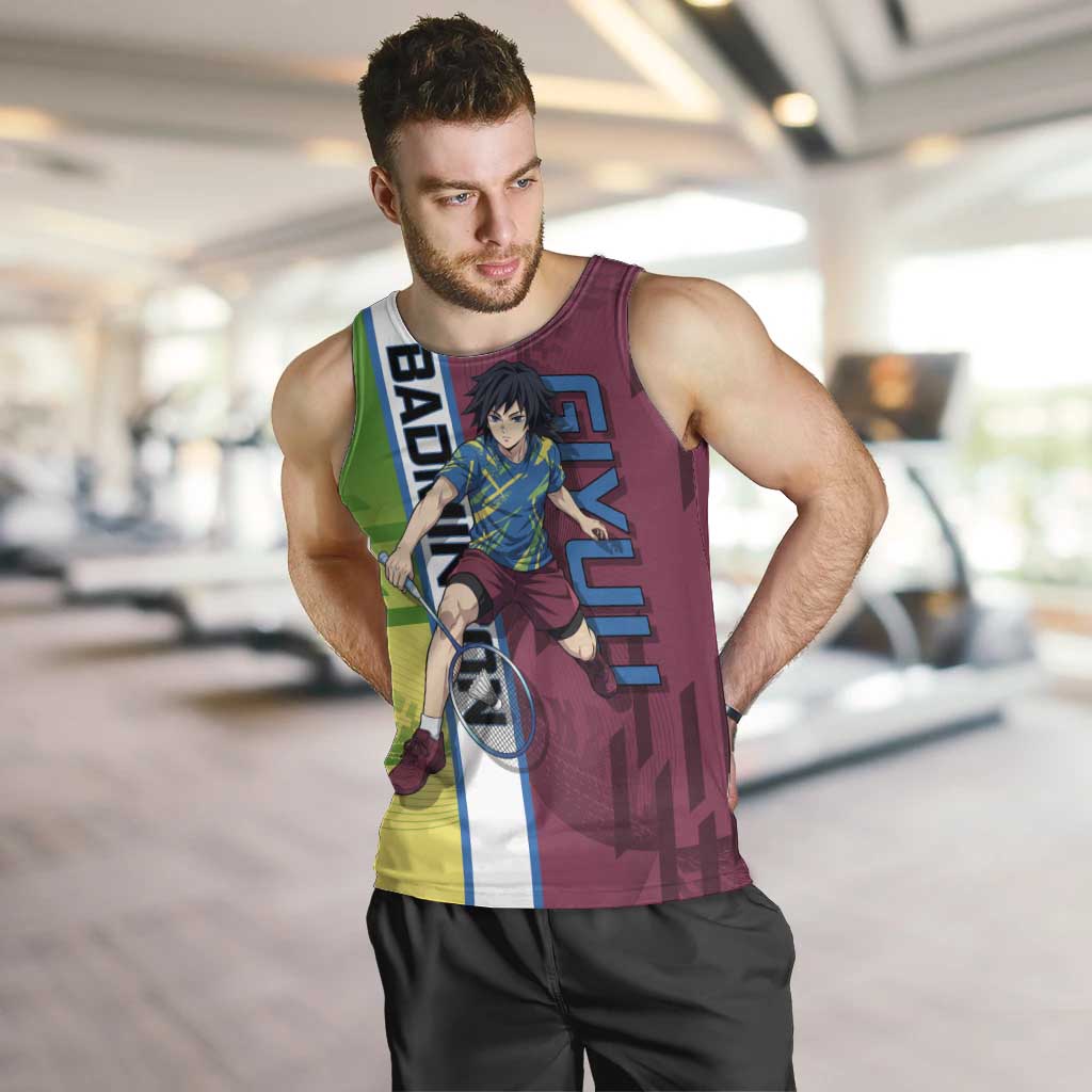 Personalized Giyuu Tomioka Demon Slayer Badminton Theme Men Tank Top with Racket Action Pose and Tricolor Graphic Design - The Mazicc