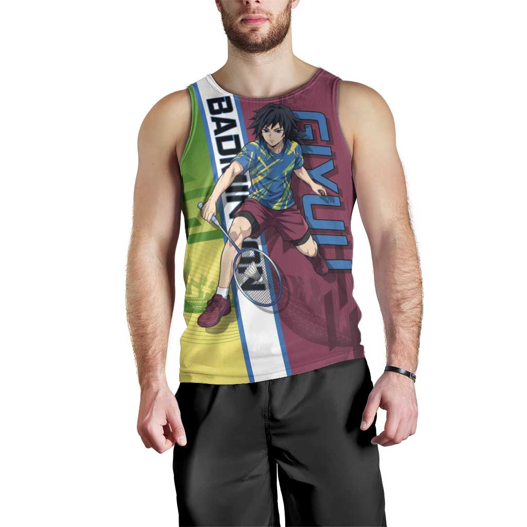 Personalized Giyuu Tomioka Demon Slayer Badminton Theme Men Tank Top with Racket Action Pose and Tricolor Graphic Design - The Mazicc