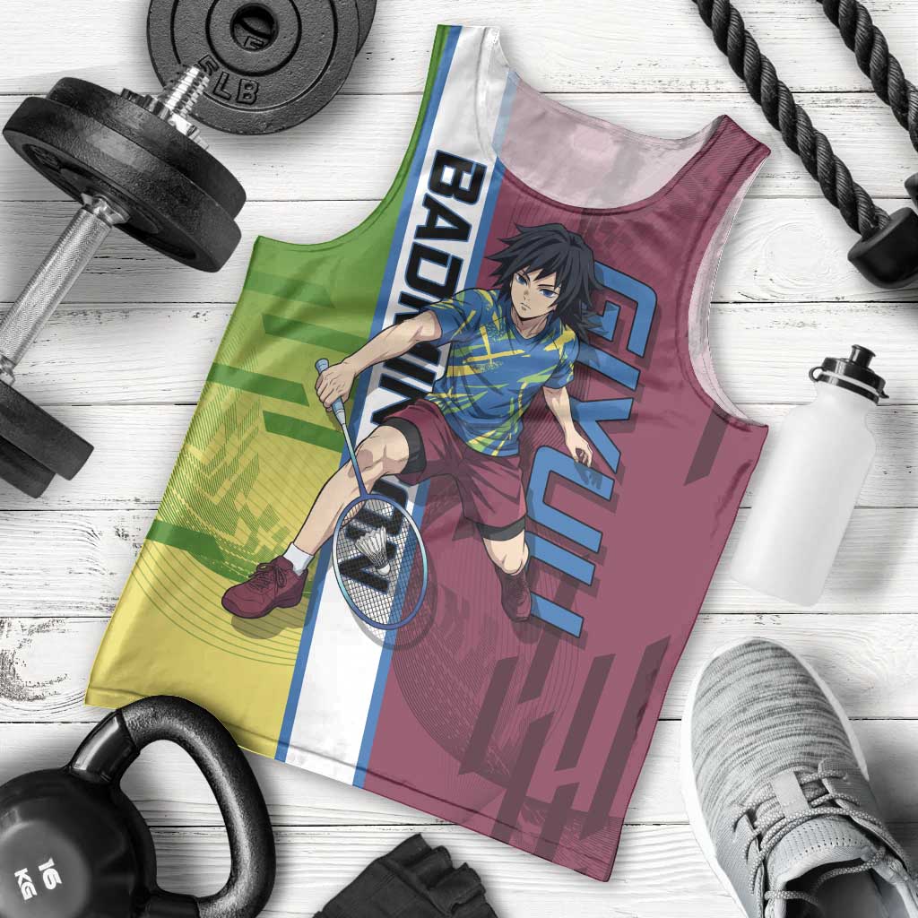 Personalized Giyuu Tomioka Demon Slayer Badminton Theme Men Tank Top with Racket Action Pose and Tricolor Graphic Design - The Mazicc