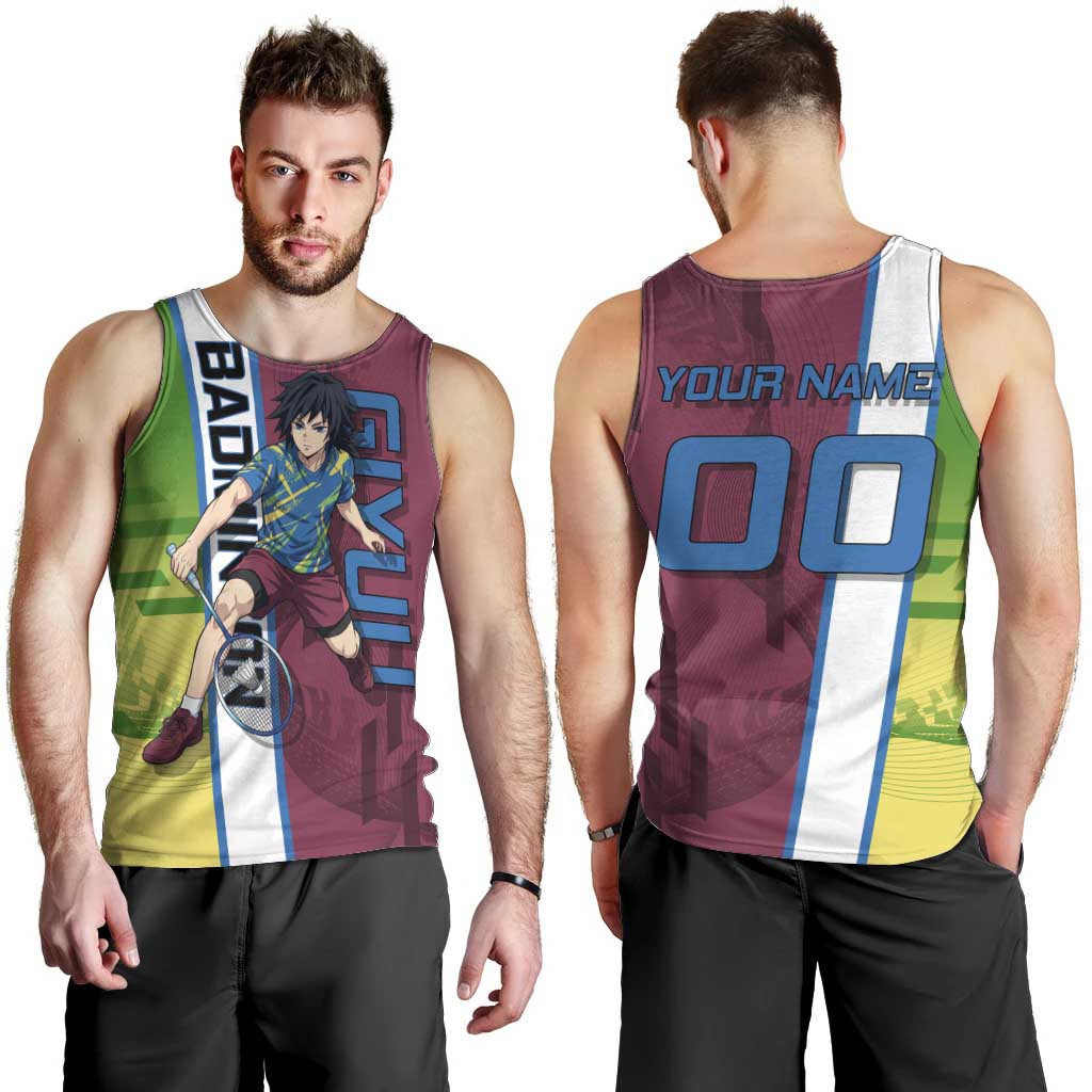 Personalized Giyuu Tomioka Demon Slayer Badminton Theme Men Tank Top with Racket Action Pose and Tricolor Graphic Design - The Mazicc