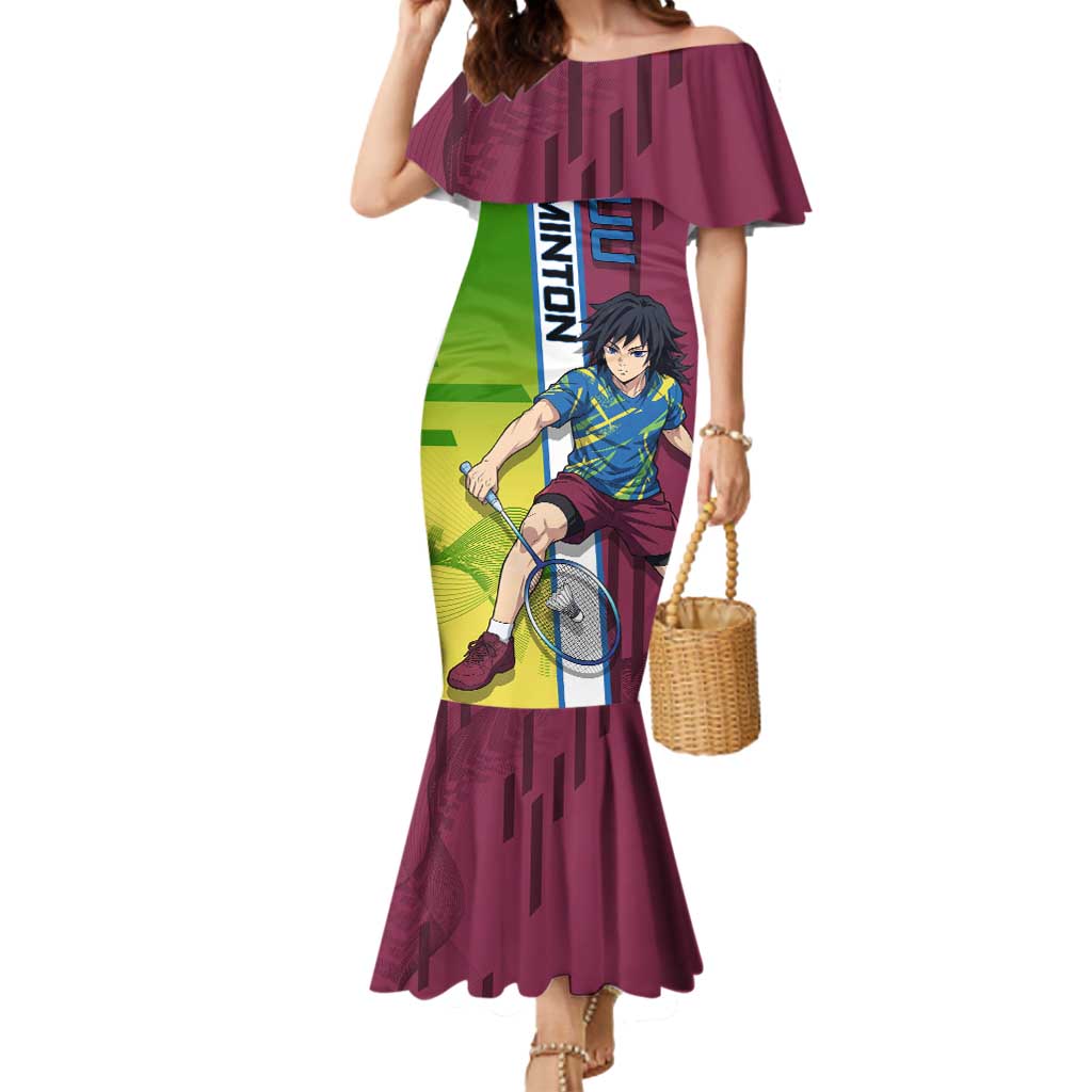 Personalized Giyuu Tomioka Demon Slayer Badminton Theme Mermaid Dress with Racket Action Pose and Tricolor Graphic Design - The Mazicc