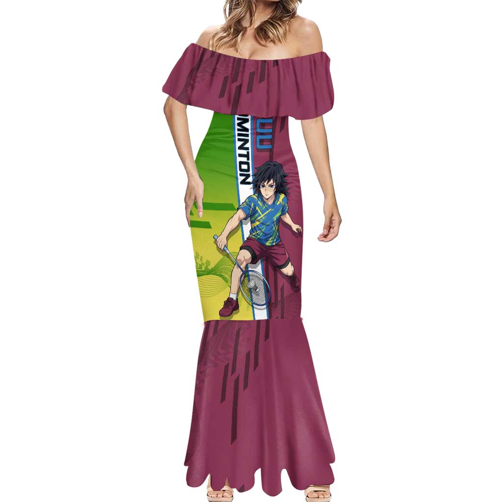 Personalized Giyuu Tomioka Demon Slayer Badminton Theme Mermaid Dress with Racket Action Pose and Tricolor Graphic Design - The Mazicc