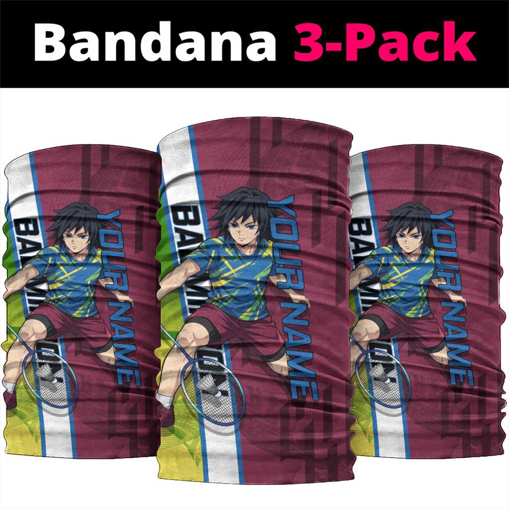 Personalized Giyuu Tomioka Demon Slayer Badminton Theme Neck Gaiter with Racket Action Pose and Tricolor Graphic Design - The Mazicc