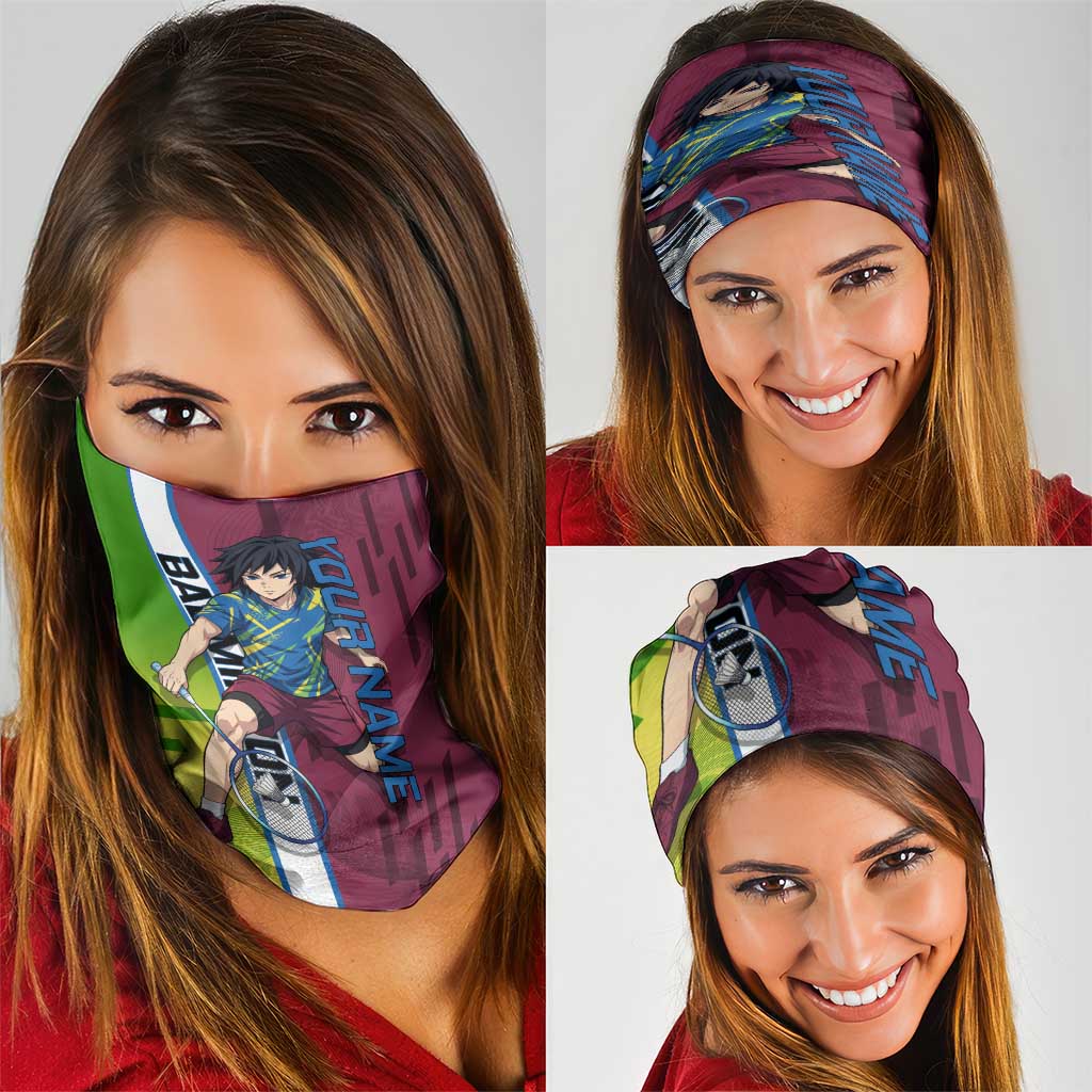 Personalized Giyuu Tomioka Demon Slayer Badminton Theme Neck Gaiter with Racket Action Pose and Tricolor Graphic Design - The Mazicc