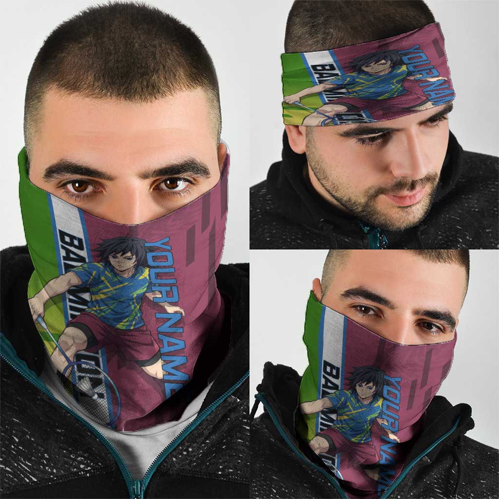 Personalized Giyuu Tomioka Demon Slayer Badminton Theme Neck Gaiter with Racket Action Pose and Tricolor Graphic Design - The Mazicc