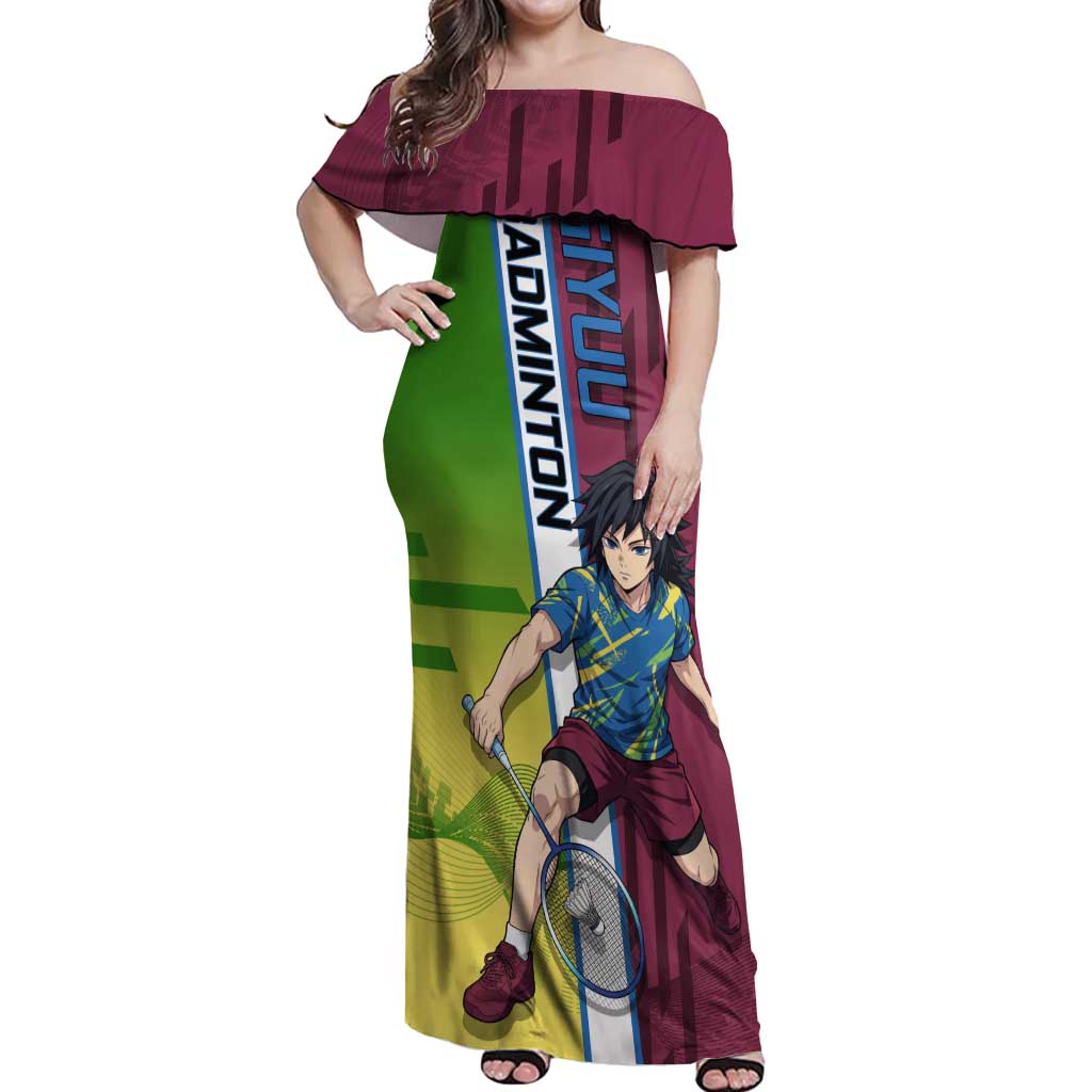 Personalized Giyuu Tomioka Demon Slayer Badminton Theme Off Shoulder Maxi Dress with Racket Action Pose and Tricolor Graphic Design - The Mazicc