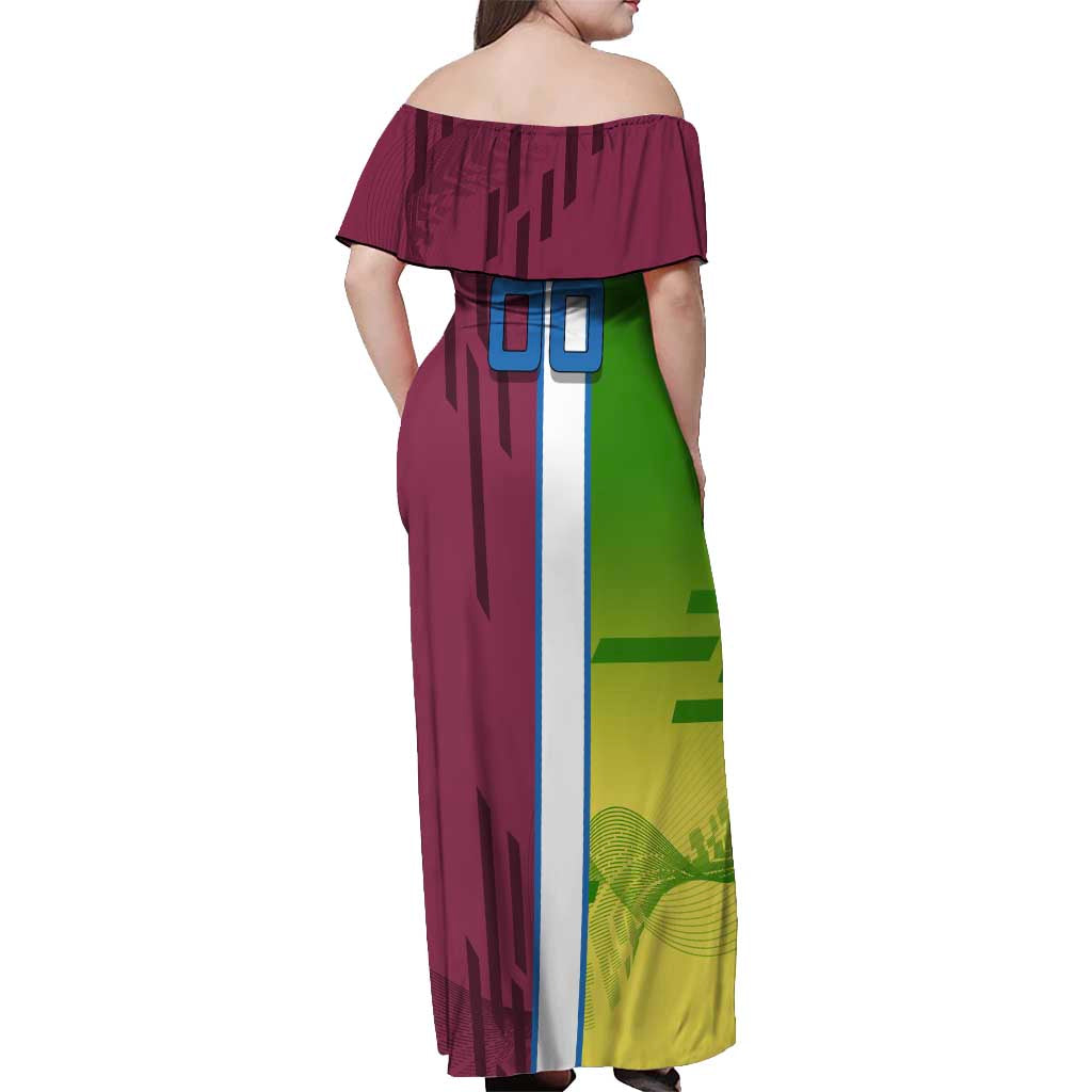 Personalized Giyuu Tomioka Demon Slayer Badminton Theme Off Shoulder Maxi Dress with Racket Action Pose and Tricolor Graphic Design - The Mazicc