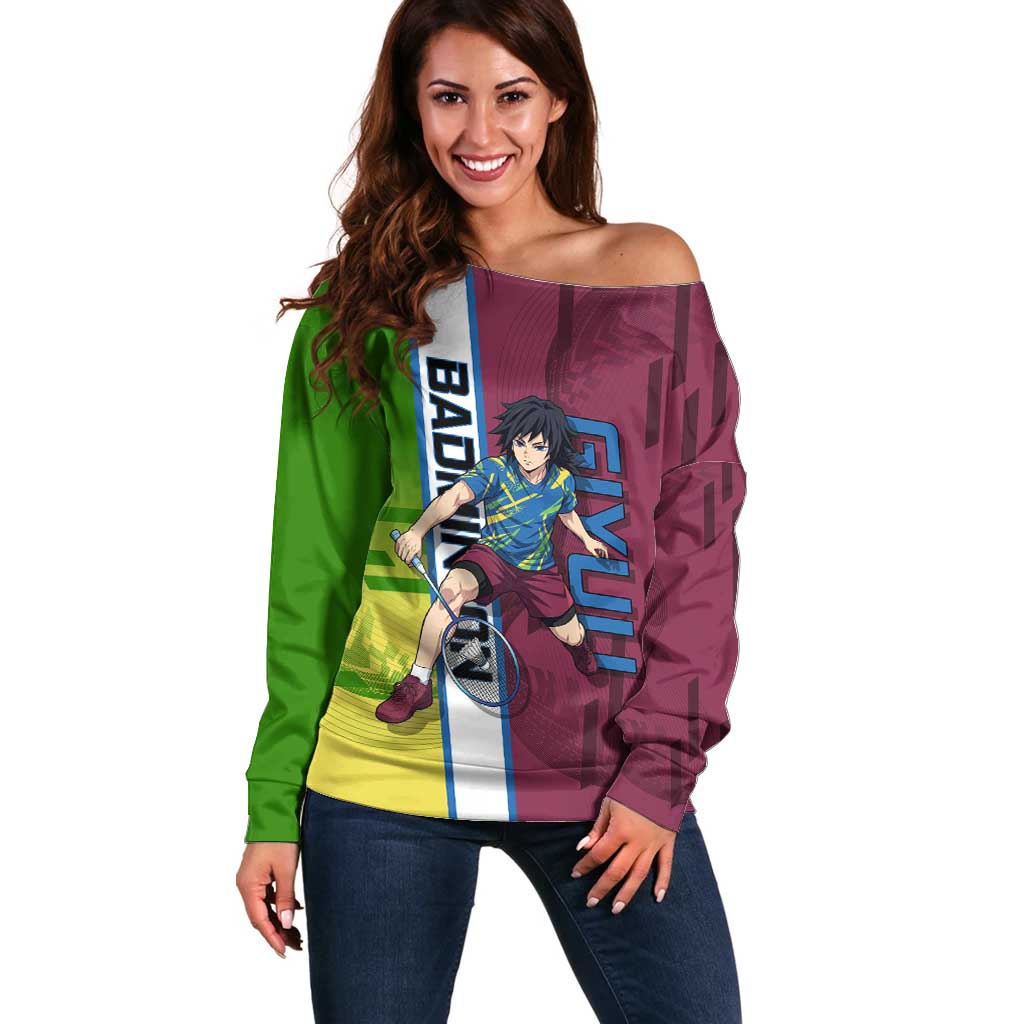 Personalized Giyuu Tomioka Demon Slayer Badminton Theme Off Shoulder Sweater with Racket Action Pose and Tricolor Graphic Design - The Mazicc