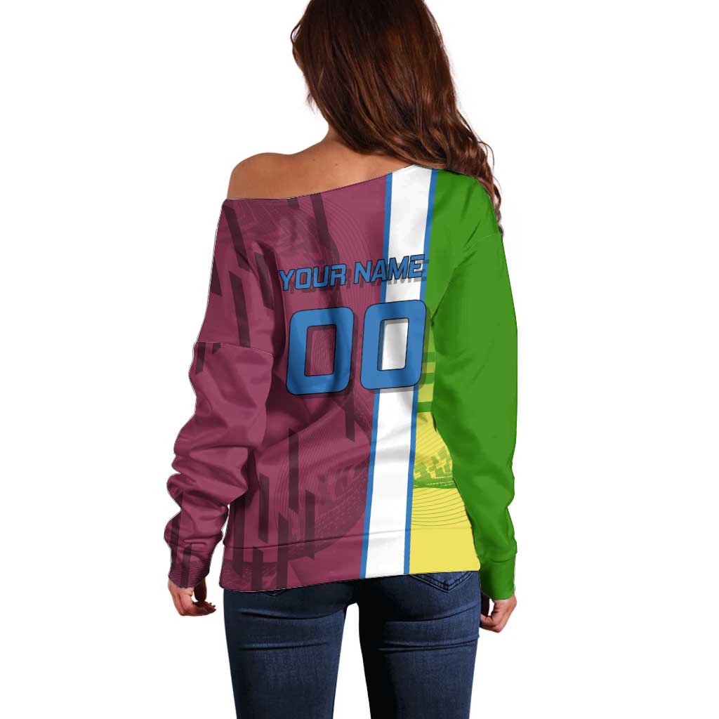 Personalized Giyuu Tomioka Demon Slayer Badminton Theme Off Shoulder Sweater with Racket Action Pose and Tricolor Graphic Design - The Mazicc