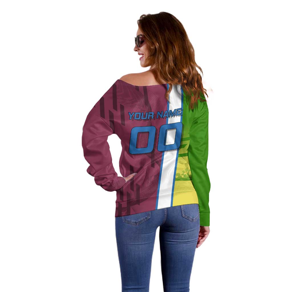 Personalized Giyuu Tomioka Demon Slayer Badminton Theme Off Shoulder Sweater with Racket Action Pose and Tricolor Graphic Design - The Mazicc