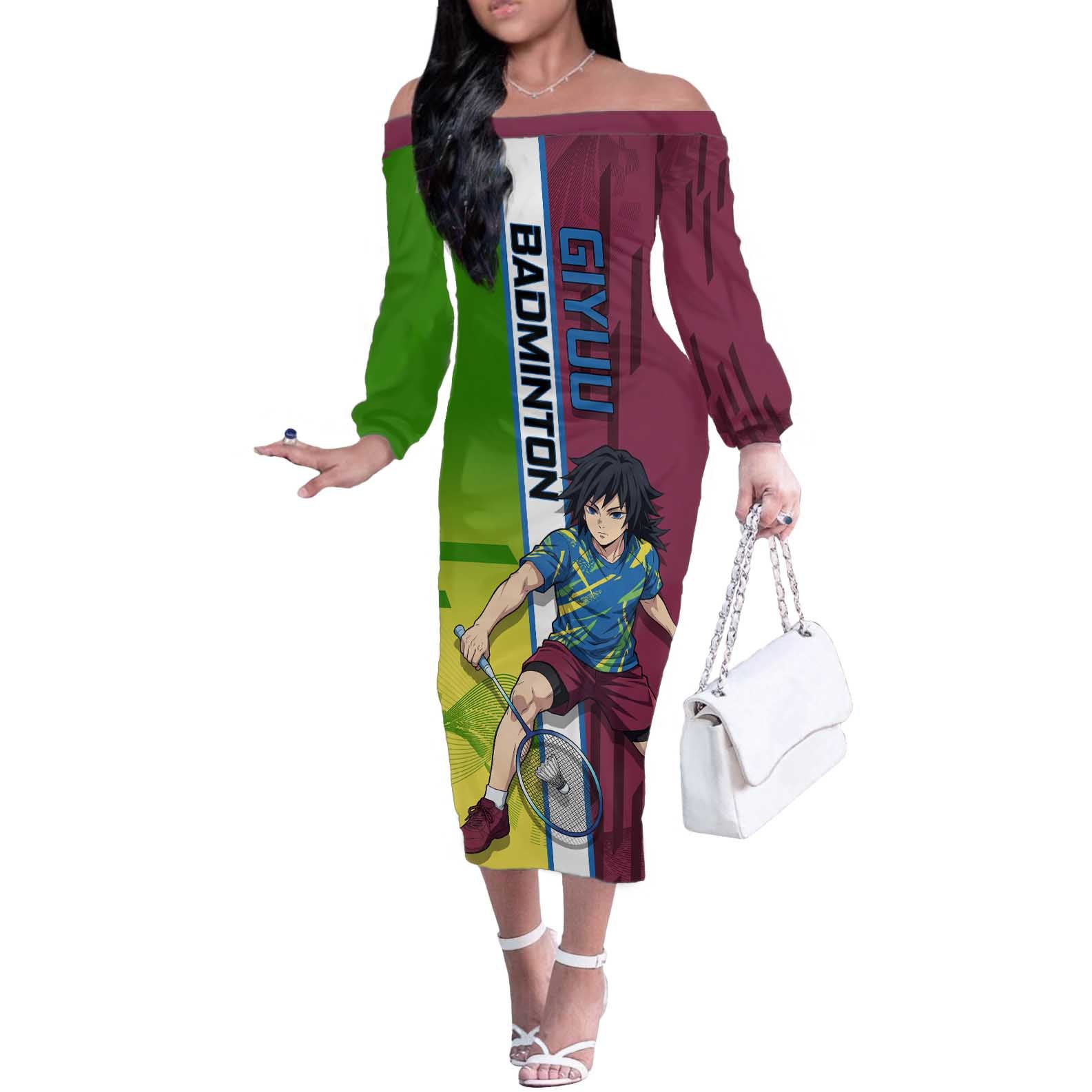 Personalized Giyuu Tomioka Demon Slayer Badminton Theme Off The Shoulder Long Sleeve Dress with Racket Action Pose and Tricolor Graphic Design - The Mazicc