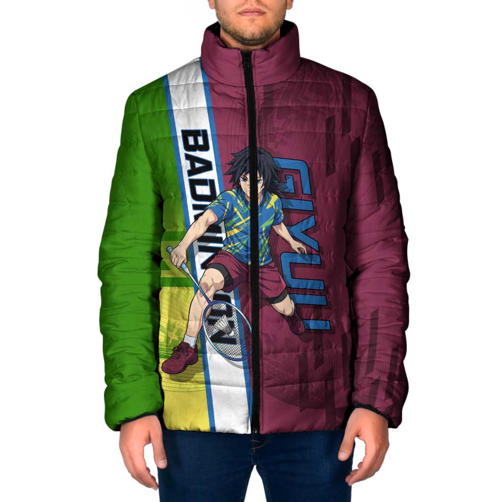 Personalized Giyuu Tomioka Demon Slayer Badminton Theme Padded Jacket with Racket Action Pose and Tricolor Graphic Design - The Mazicc