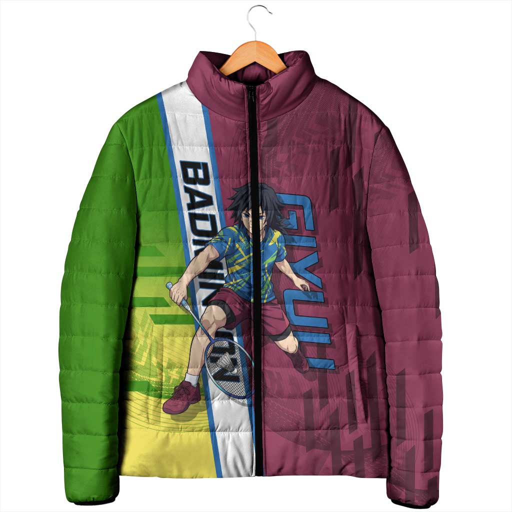 Personalized Giyuu Tomioka Demon Slayer Badminton Theme Padded Jacket with Racket Action Pose and Tricolor Graphic Design - The Mazicc