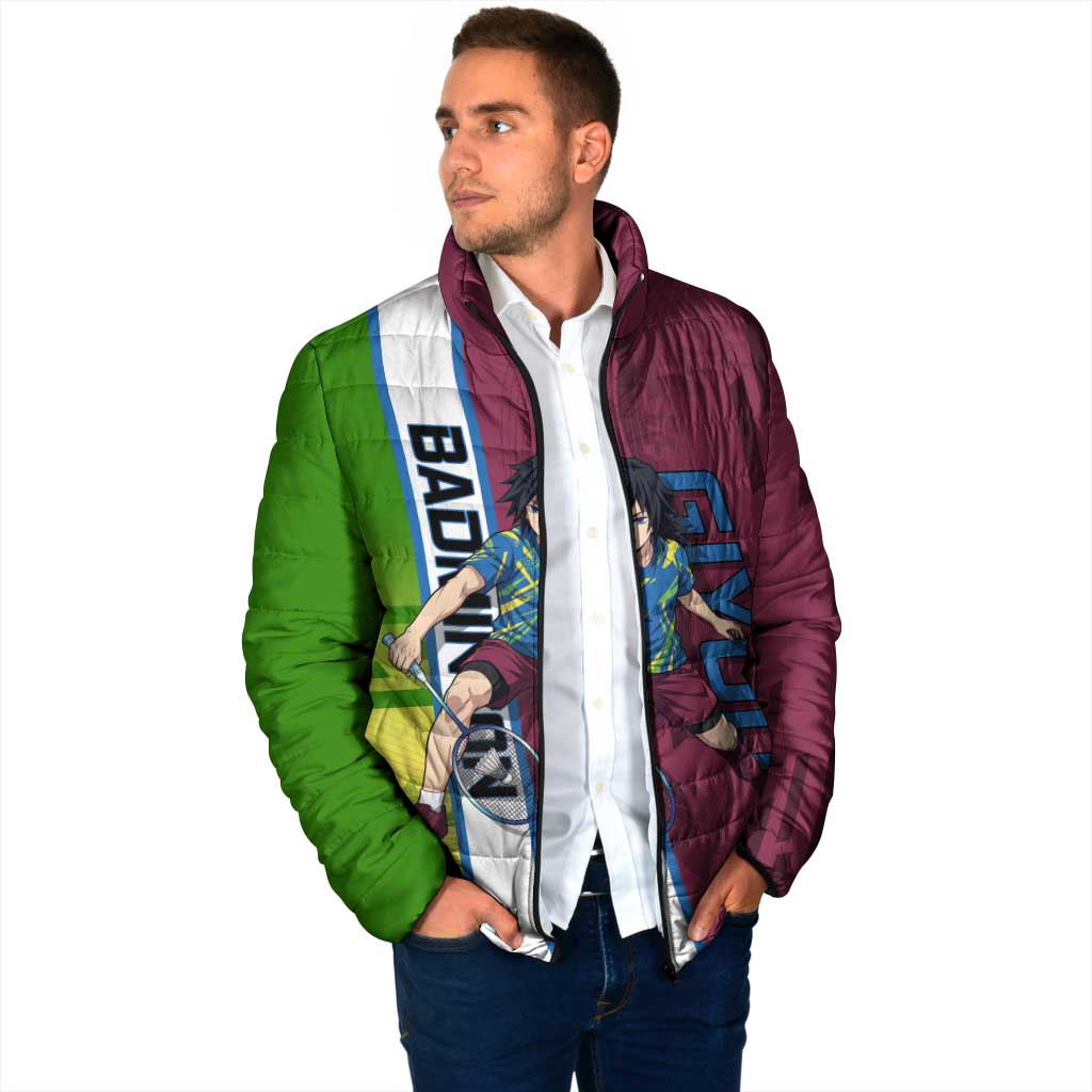 Personalized Giyuu Tomioka Demon Slayer Badminton Theme Padded Jacket with Racket Action Pose and Tricolor Graphic Design - The Mazicc