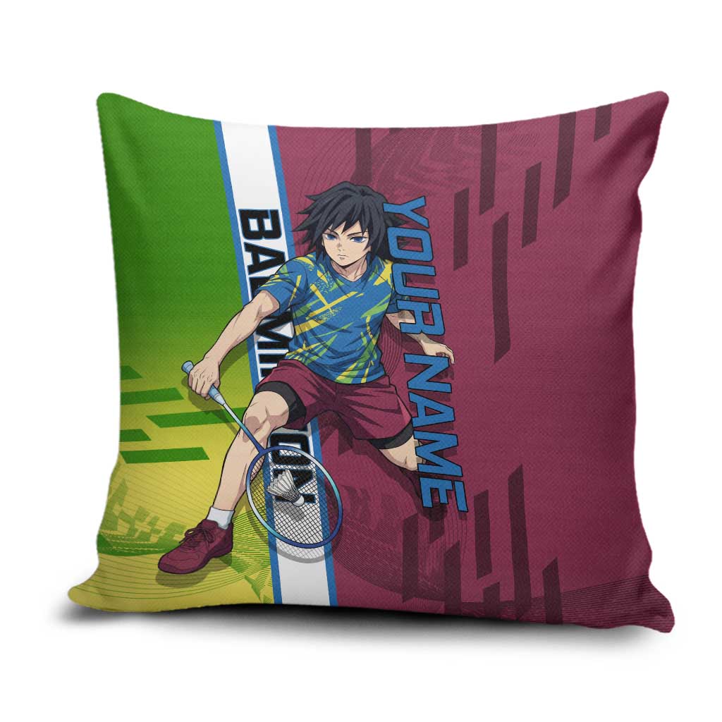 Personalized Giyuu Tomioka Demon Slayer Badminton Theme Pillow Cover with Racket Action Pose and Tricolor Graphic Design - The Mazicc