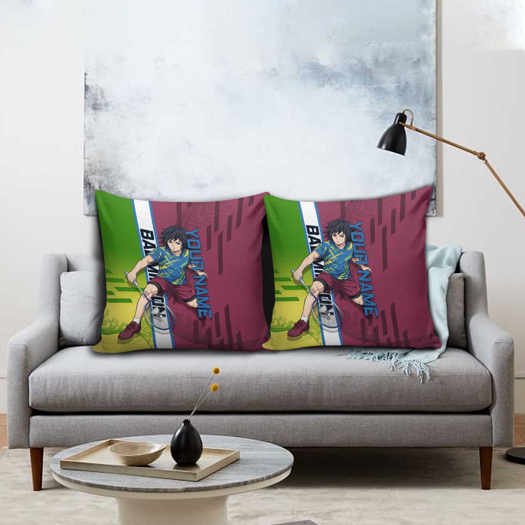 Personalized Giyuu Tomioka Demon Slayer Badminton Theme Pillow Cover with Racket Action Pose and Tricolor Graphic Design - The Mazicc