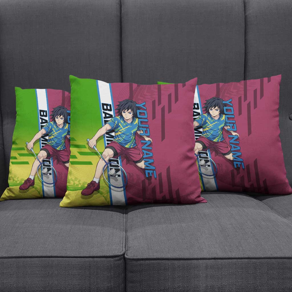 Personalized Giyuu Tomioka Demon Slayer Badminton Theme Pillow Cover with Racket Action Pose and Tricolor Graphic Design - The Mazicc
