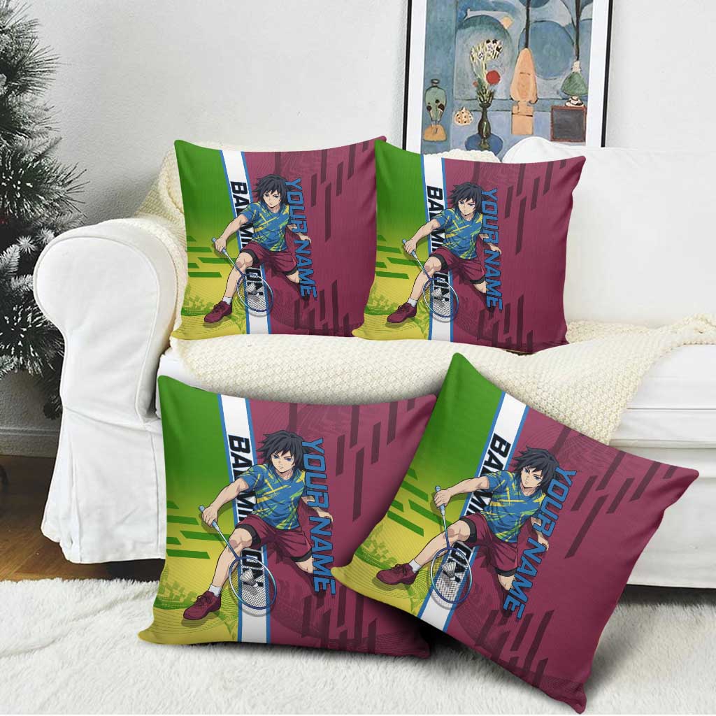 Personalized Giyuu Tomioka Demon Slayer Badminton Theme Pillow Cover with Racket Action Pose and Tricolor Graphic Design - The Mazicc