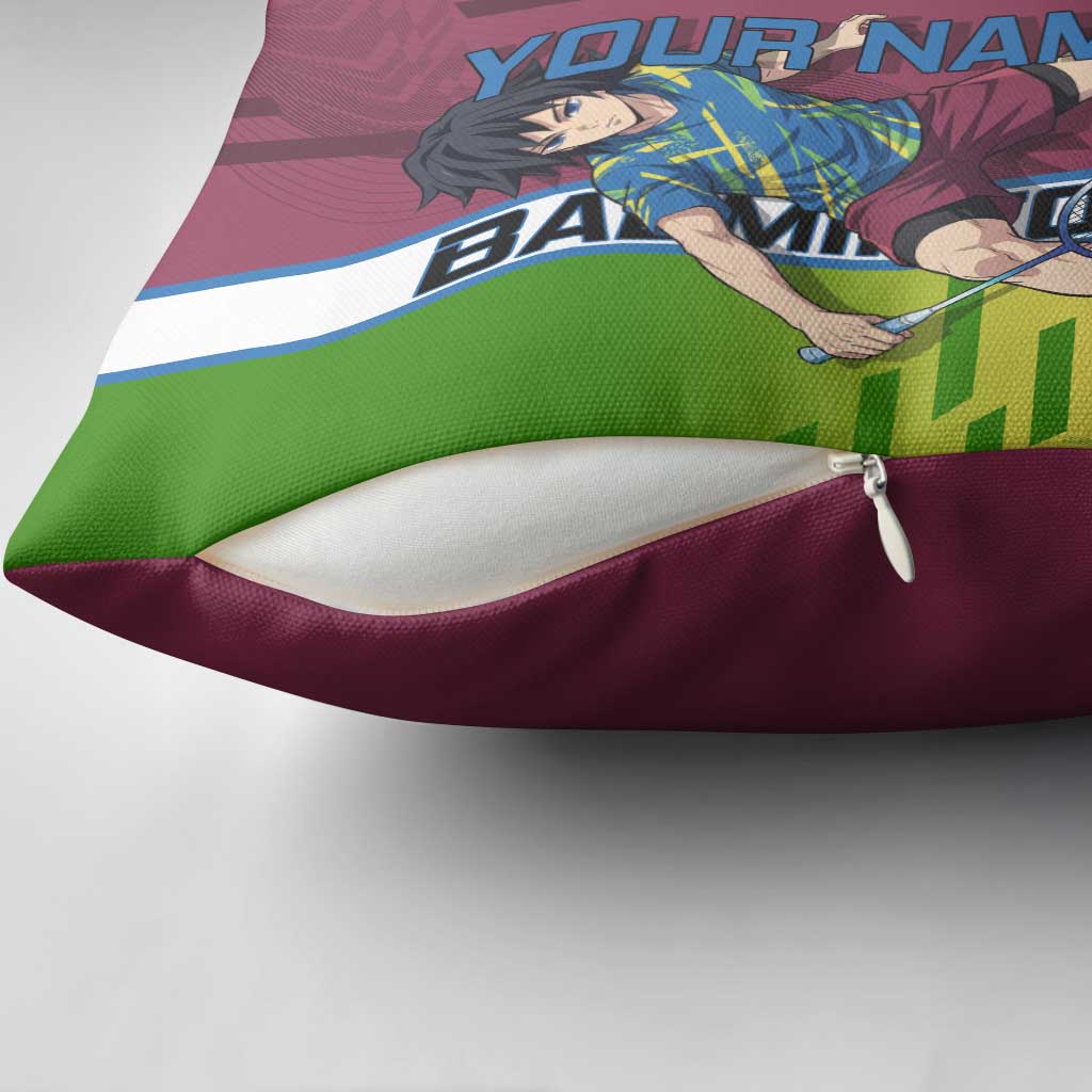 Personalized Giyuu Tomioka Demon Slayer Badminton Theme Pillow Cover with Racket Action Pose and Tricolor Graphic Design - The Mazicc