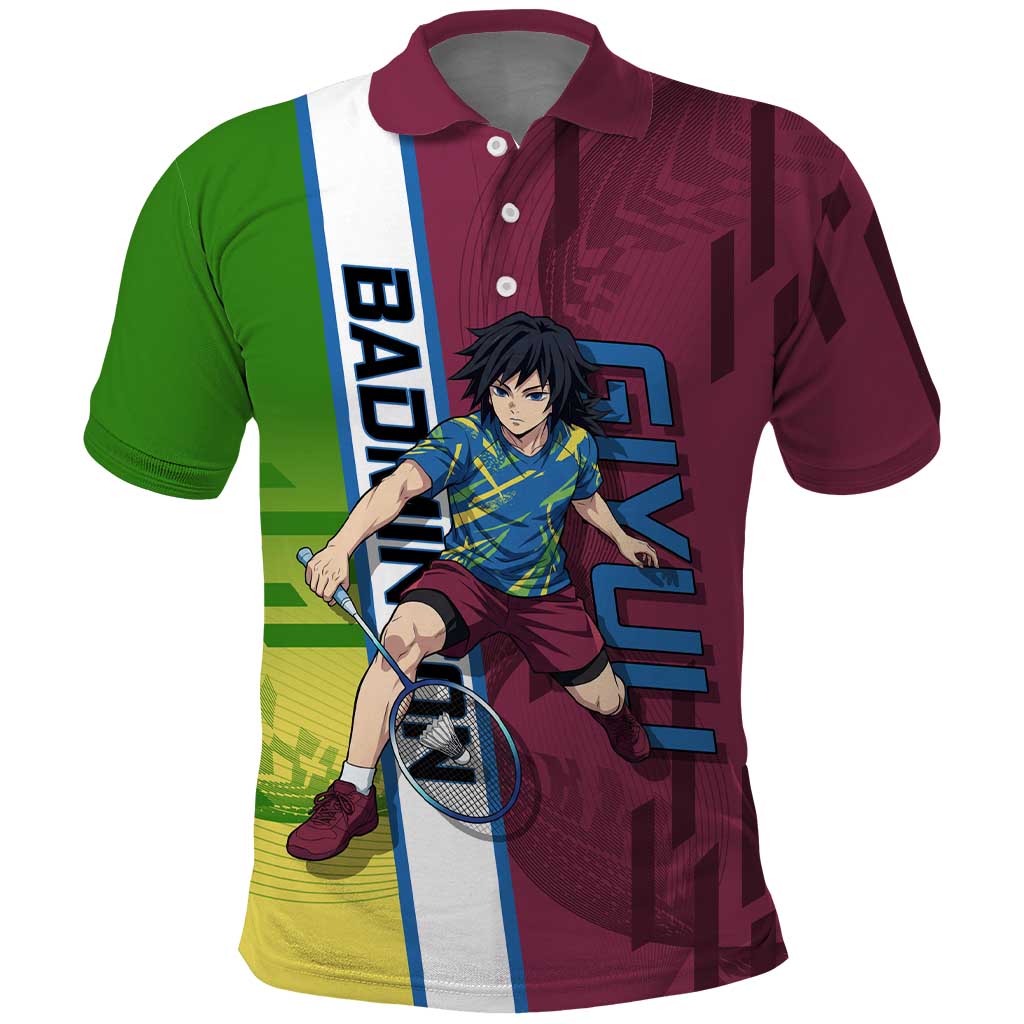 Personalized Giyuu Tomioka Demon Slayer Badminton Theme Polo Shirt with Racket Action Pose and Tricolor Graphic Design - The Mazicc