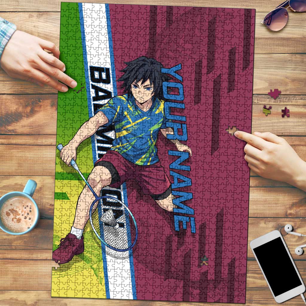 Personalized Giyuu Tomioka Demon Slayer Badminton Theme Puzzle with Racket Action Pose and Tricolor Graphic Design - The Mazicc