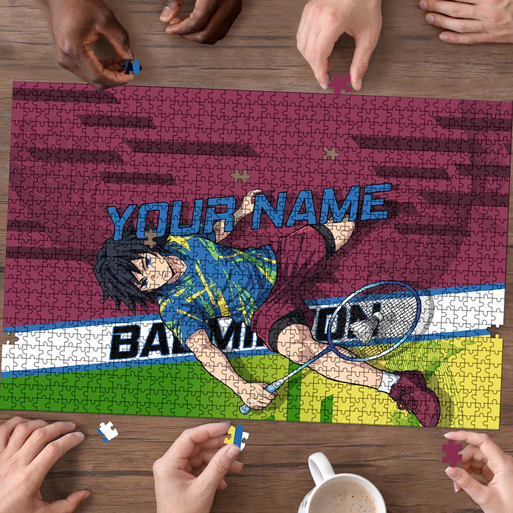 Personalized Giyuu Tomioka Demon Slayer Badminton Theme Puzzle with Racket Action Pose and Tricolor Graphic Design - The Mazicc
