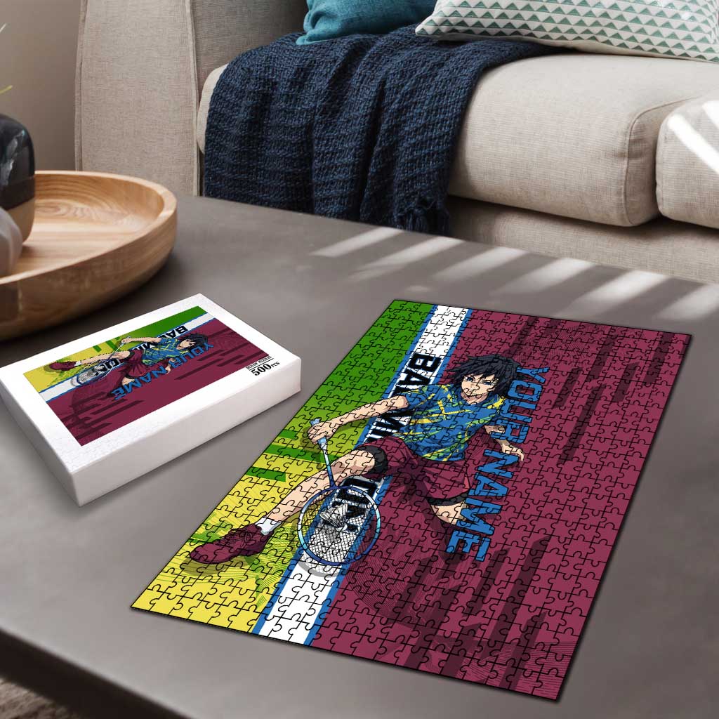 Personalized Giyuu Tomioka Demon Slayer Badminton Theme Puzzle with Racket Action Pose and Tricolor Graphic Design - The Mazicc