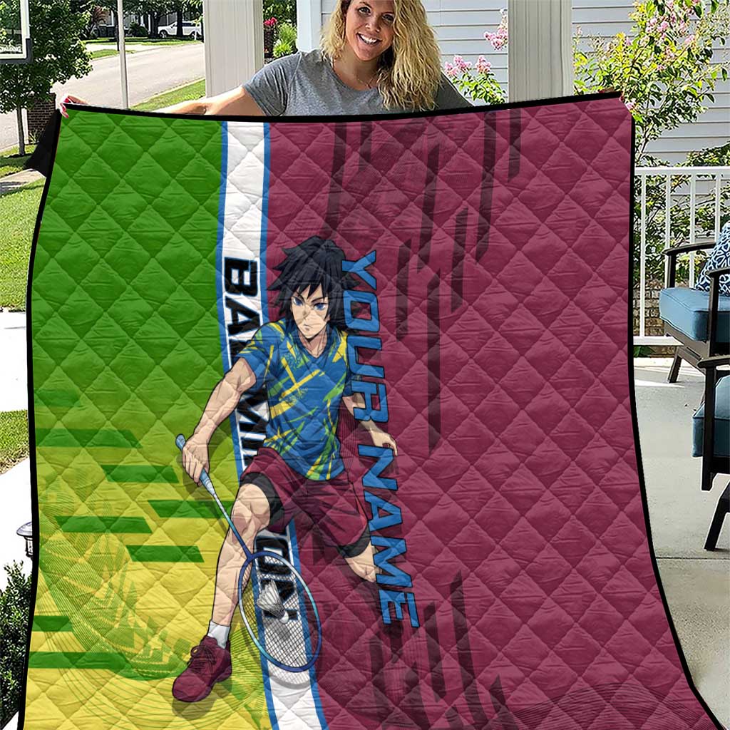 Personalized Giyuu Tomioka Demon Slayer Badminton Theme Quilt with Racket Action Pose and Tricolor Graphic Design - The Mazicc