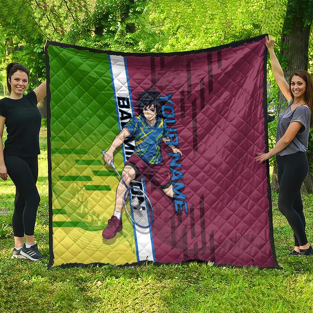 Personalized Giyuu Tomioka Demon Slayer Badminton Theme Quilt with Racket Action Pose and Tricolor Graphic Design - The Mazicc