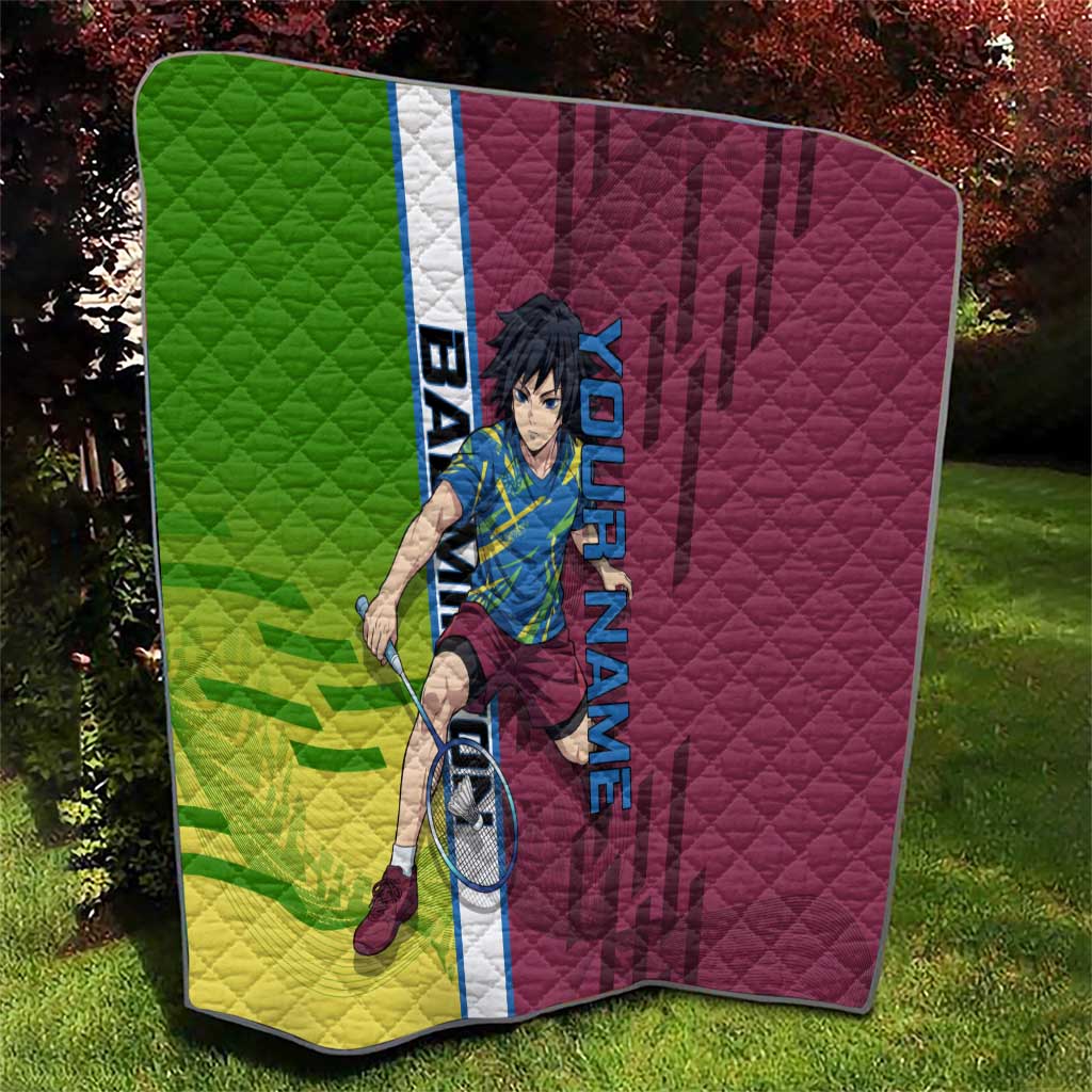 Personalized Giyuu Tomioka Demon Slayer Badminton Theme Quilt with Racket Action Pose and Tricolor Graphic Design - The Mazicc