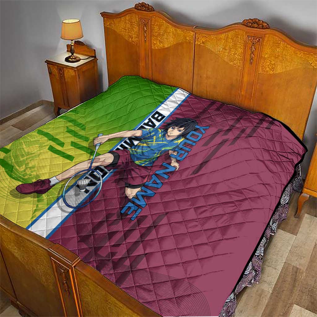 Personalized Giyuu Tomioka Demon Slayer Badminton Theme Quilt with Racket Action Pose and Tricolor Graphic Design - The Mazicc
