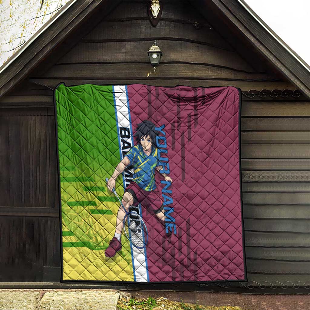 Personalized Giyuu Tomioka Demon Slayer Badminton Theme Quilt with Racket Action Pose and Tricolor Graphic Design - The Mazicc