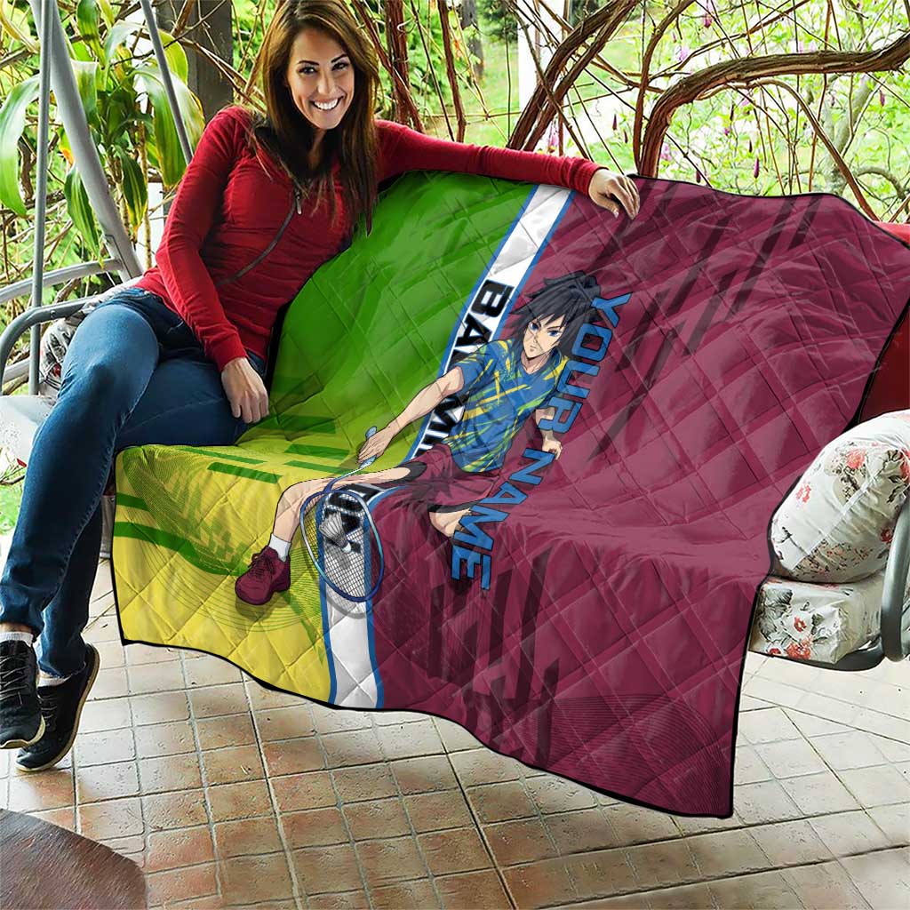 Personalized Giyuu Tomioka Demon Slayer Badminton Theme Quilt with Racket Action Pose and Tricolor Graphic Design - The Mazicc