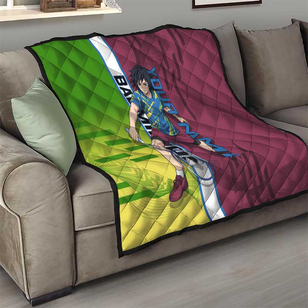 Personalized Giyuu Tomioka Demon Slayer Badminton Theme Quilt with Racket Action Pose and Tricolor Graphic Design - The Mazicc