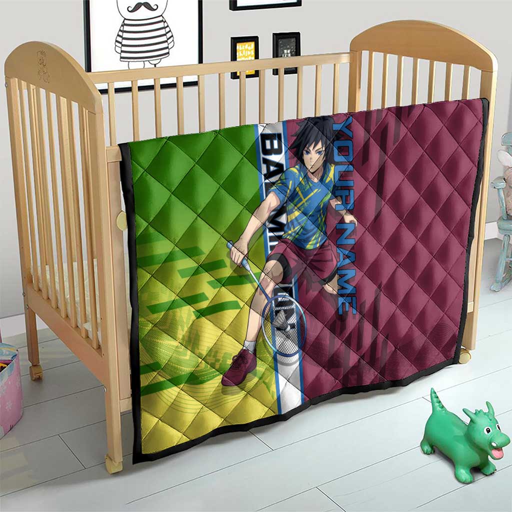Personalized Giyuu Tomioka Demon Slayer Badminton Theme Quilt with Racket Action Pose and Tricolor Graphic Design - The Mazicc