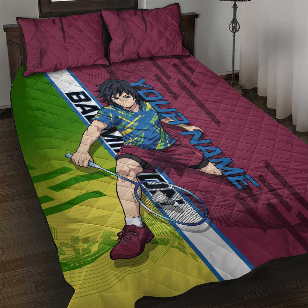 Personalized Giyuu Tomioka Demon Slayer Badminton Theme Quilt Bed Set with Racket Action Pose and Tricolor Graphic Design - The Mazicc