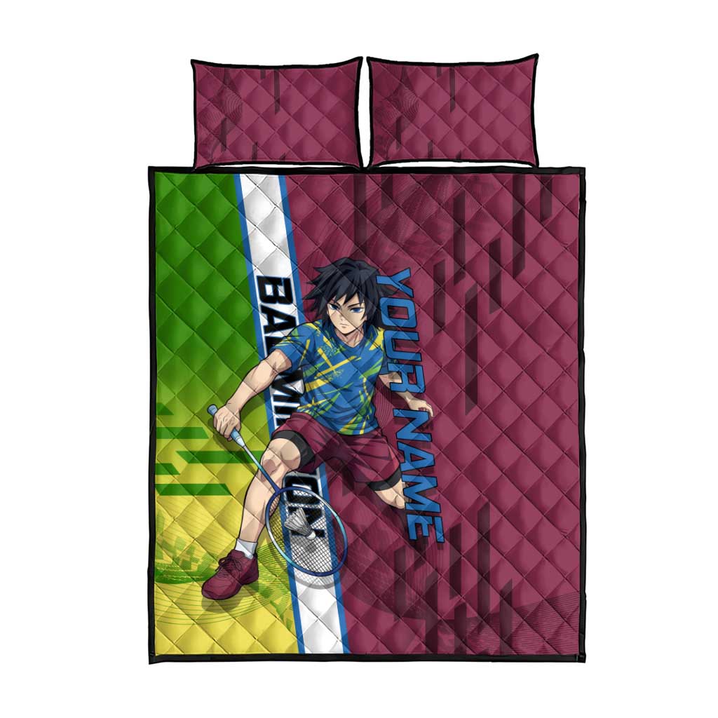 Personalized Giyuu Tomioka Demon Slayer Badminton Theme Quilt Bed Set with Racket Action Pose and Tricolor Graphic Design - The Mazicc