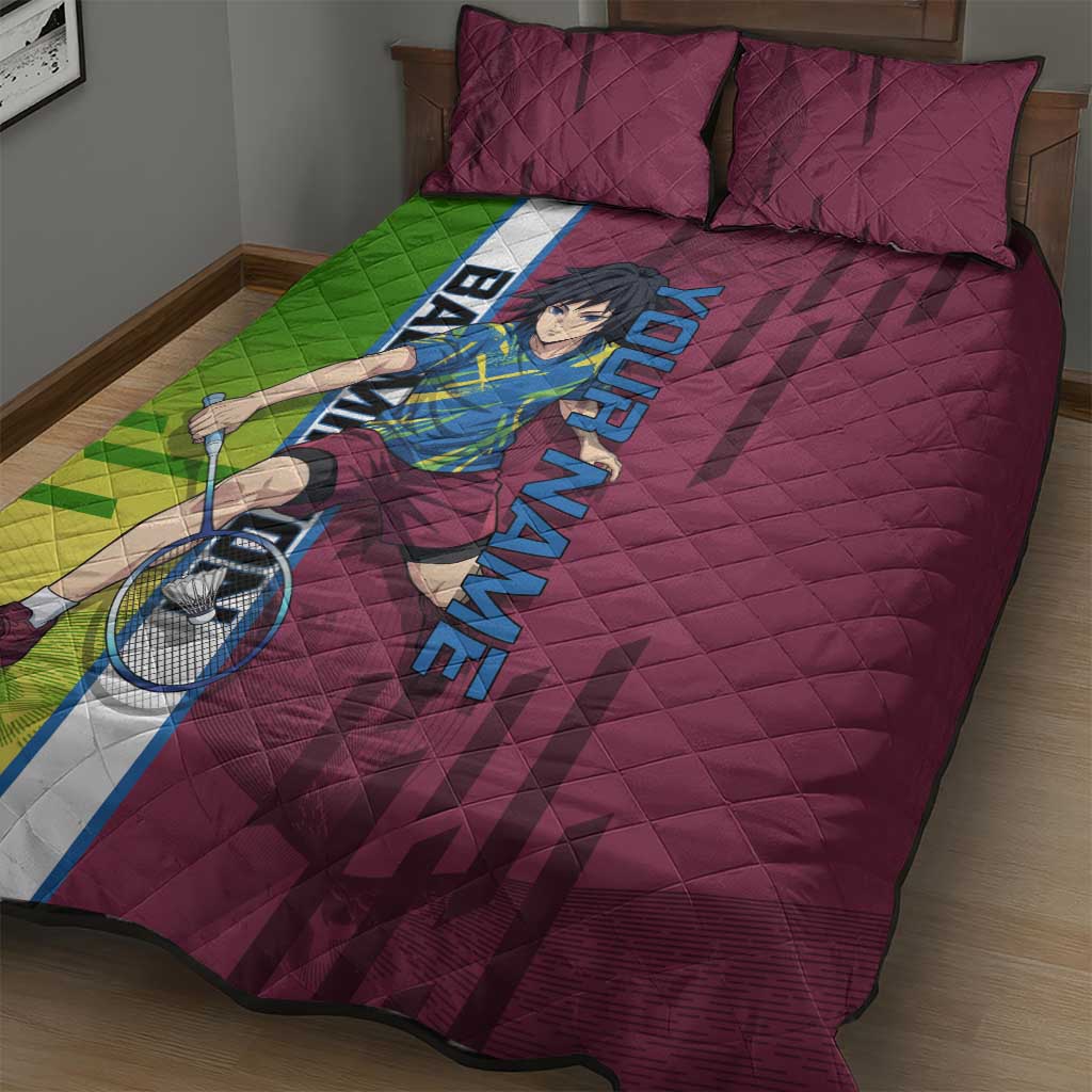 Personalized Giyuu Tomioka Demon Slayer Badminton Theme Quilt Bed Set with Racket Action Pose and Tricolor Graphic Design - The Mazicc