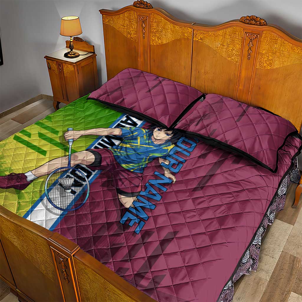Personalized Giyuu Tomioka Demon Slayer Badminton Theme Quilt Bed Set with Racket Action Pose and Tricolor Graphic Design - The Mazicc