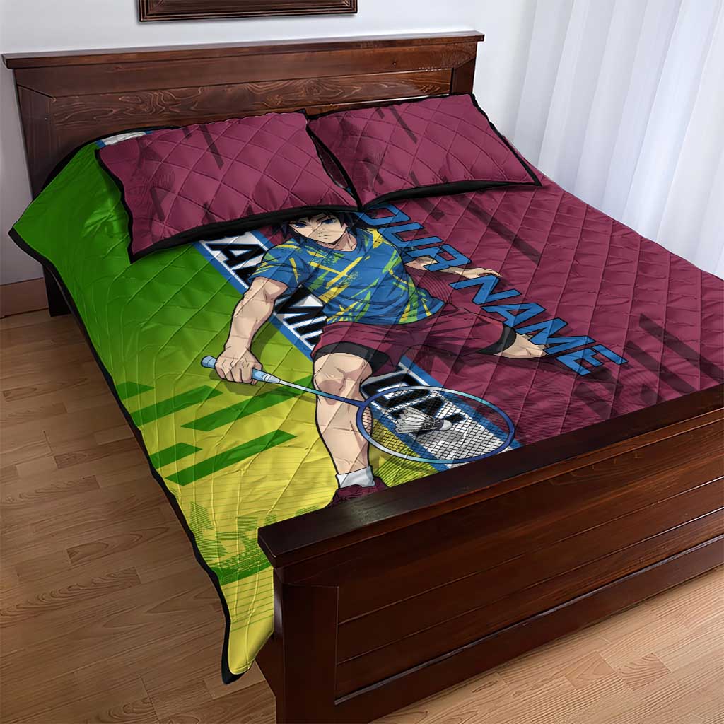 Personalized Giyuu Tomioka Demon Slayer Badminton Theme Quilt Bed Set with Racket Action Pose and Tricolor Graphic Design - The Mazicc