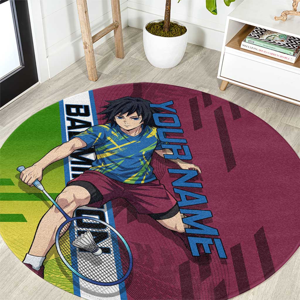 Personalized Giyuu Tomioka Demon Slayer Badminton Theme Round Carpet with Racket Action Pose and Tricolor Graphic Design - The Mazicc