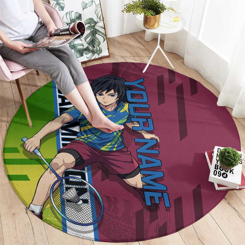 Personalized Giyuu Tomioka Demon Slayer Badminton Theme Round Carpet with Racket Action Pose and Tricolor Graphic Design - The Mazicc