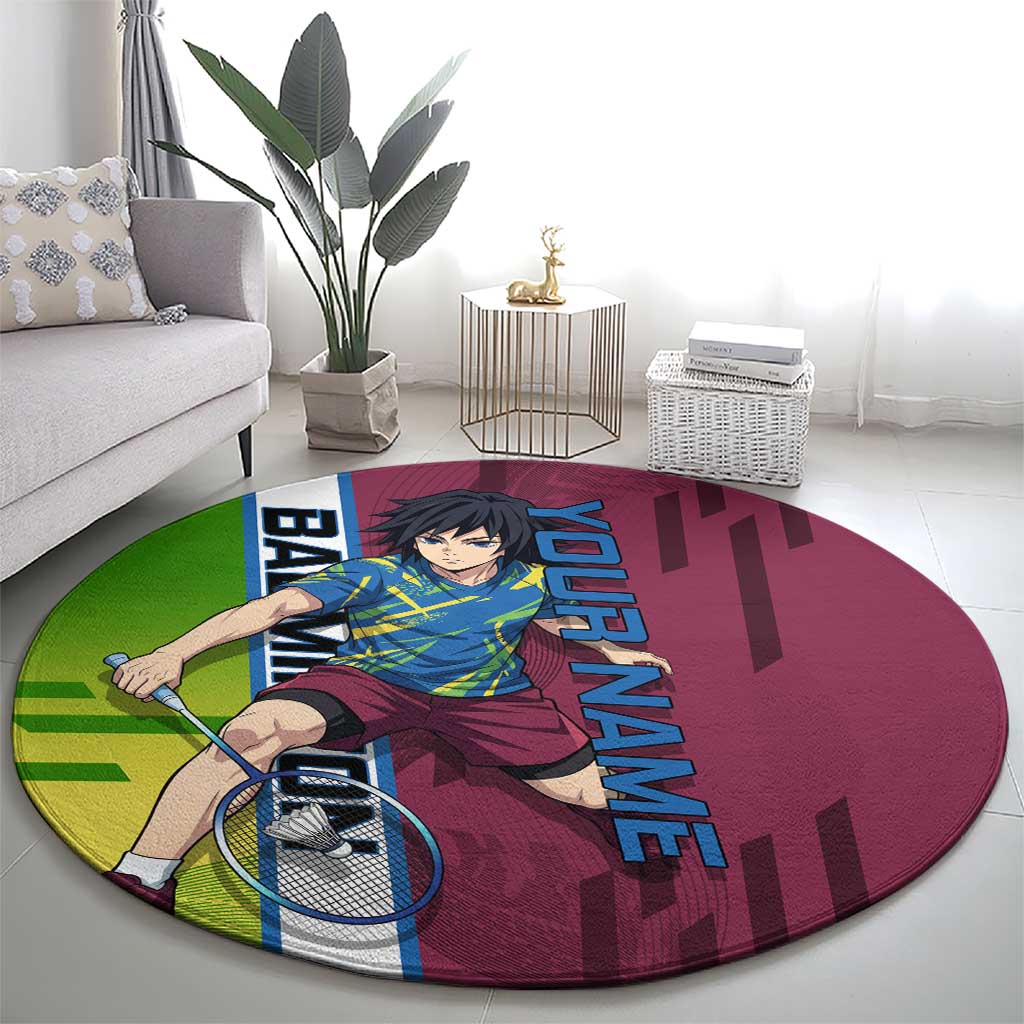 Personalized Giyuu Tomioka Demon Slayer Badminton Theme Round Carpet with Racket Action Pose and Tricolor Graphic Design - The Mazicc