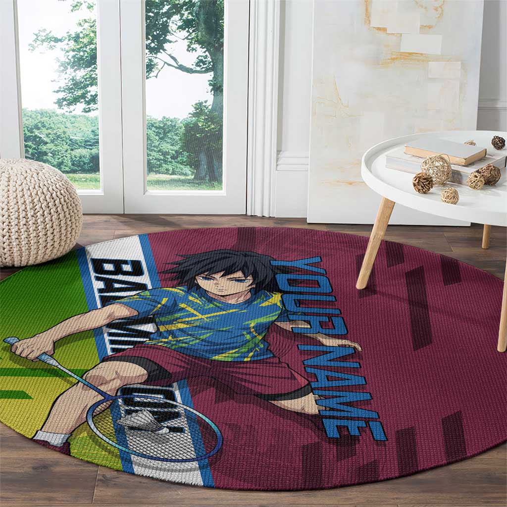 Personalized Giyuu Tomioka Demon Slayer Badminton Theme Round Carpet with Racket Action Pose and Tricolor Graphic Design - The Mazicc