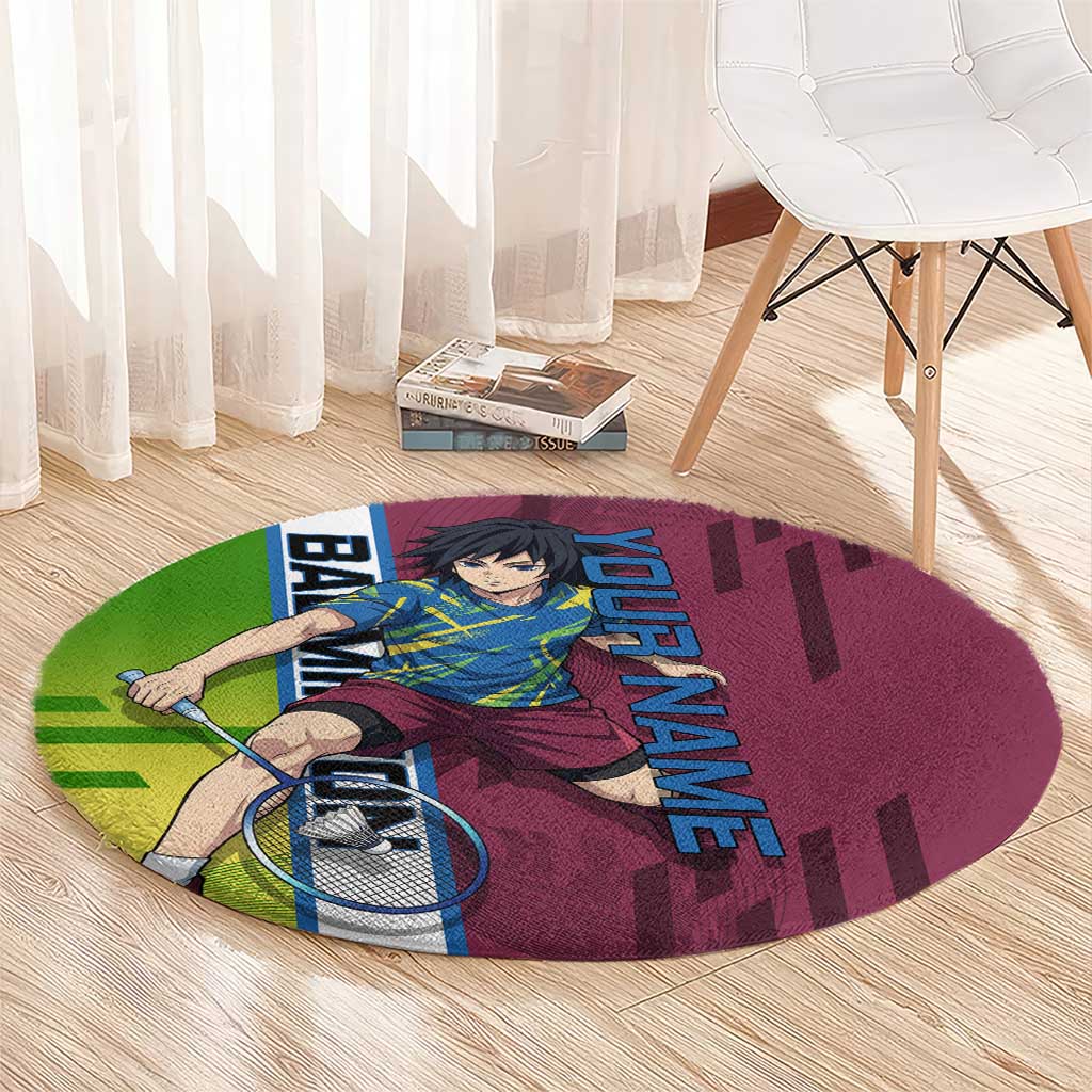 Personalized Giyuu Tomioka Demon Slayer Badminton Theme Round Carpet with Racket Action Pose and Tricolor Graphic Design - The Mazicc