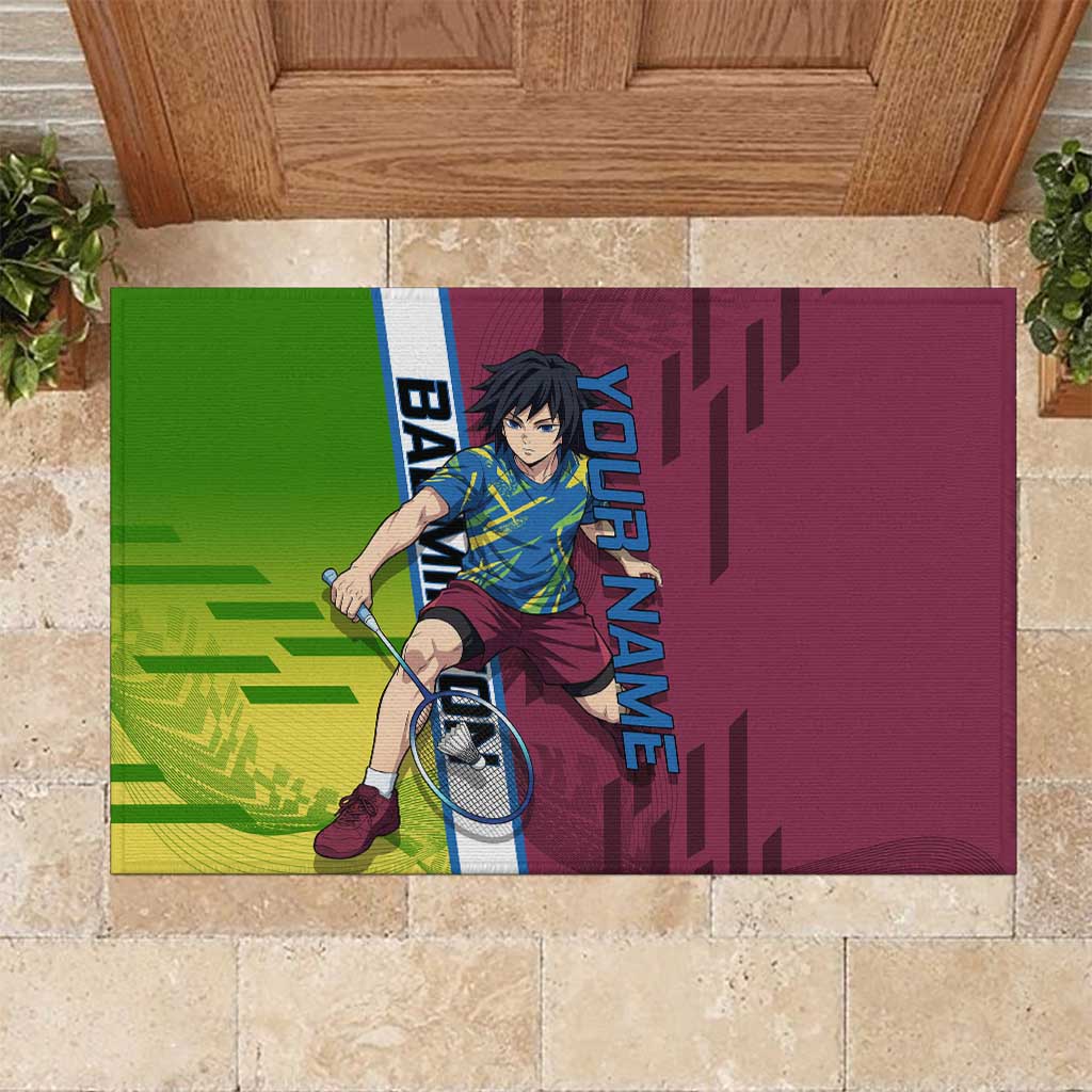 Personalized Giyuu Tomioka Demon Slayer Badminton Theme Rubber Doormat with Racket Action Pose and Tricolor Graphic Design - The Mazicc