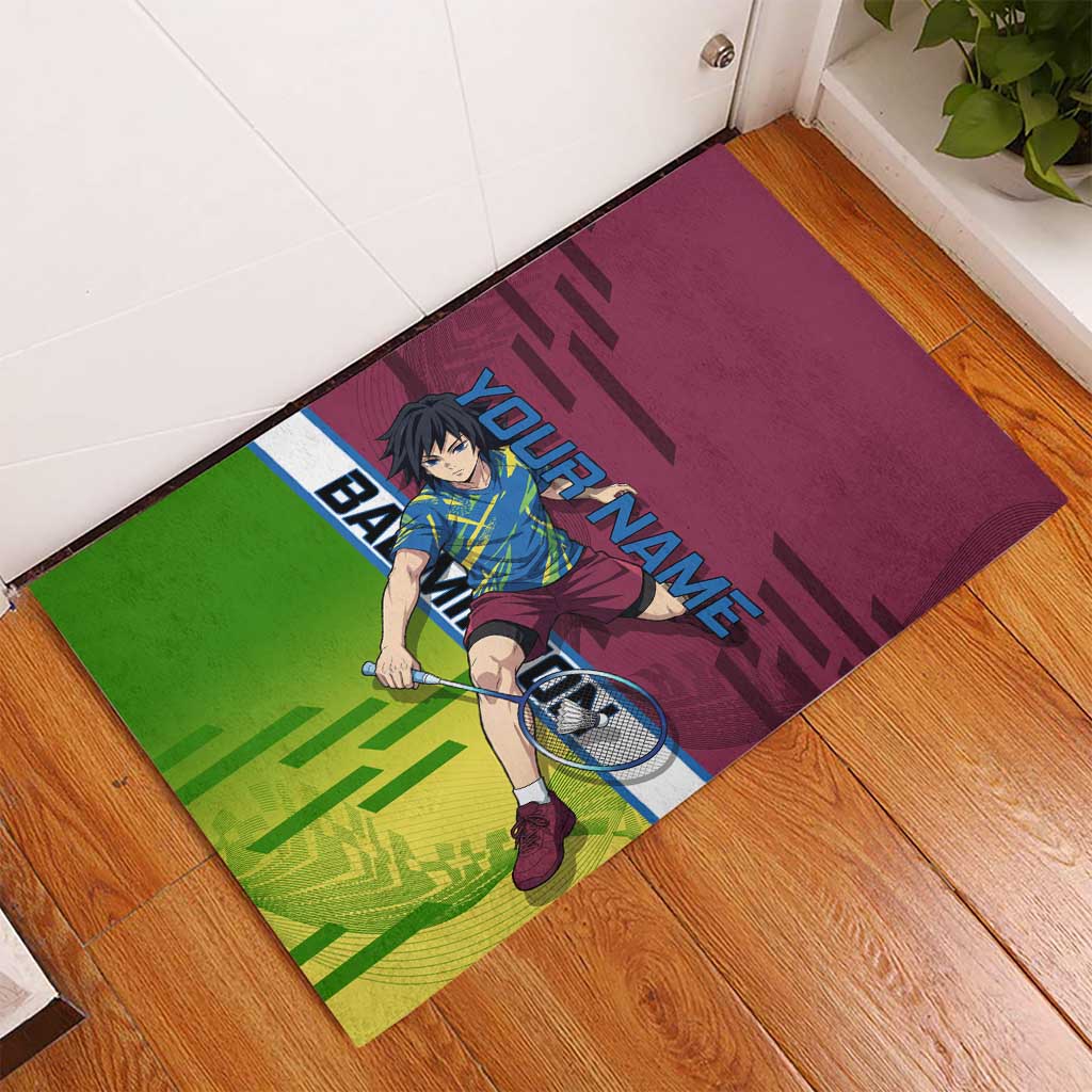 Personalized Giyuu Tomioka Demon Slayer Badminton Theme Rubber Doormat with Racket Action Pose and Tricolor Graphic Design - The Mazicc